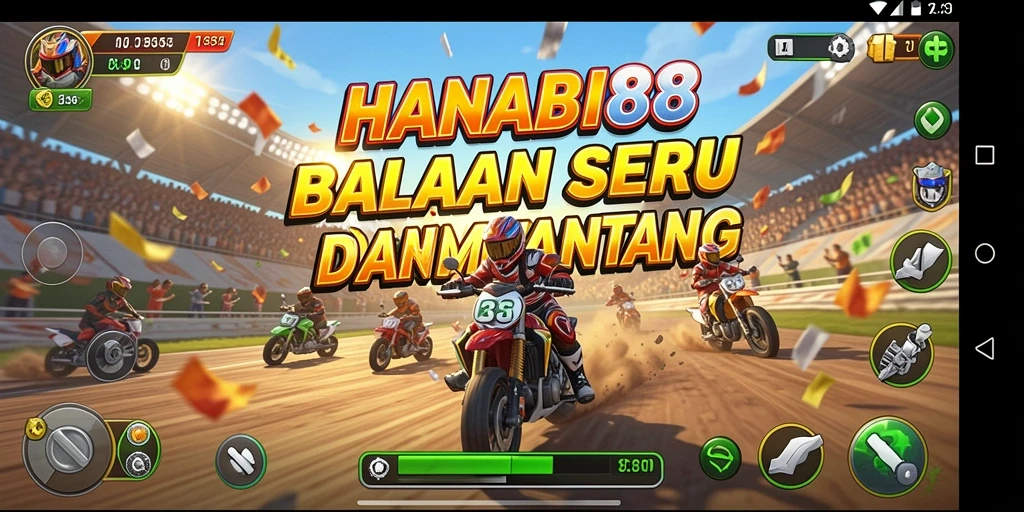 Tampilan gameplay seru di HANABI88 dengan berbagai trek balapan.