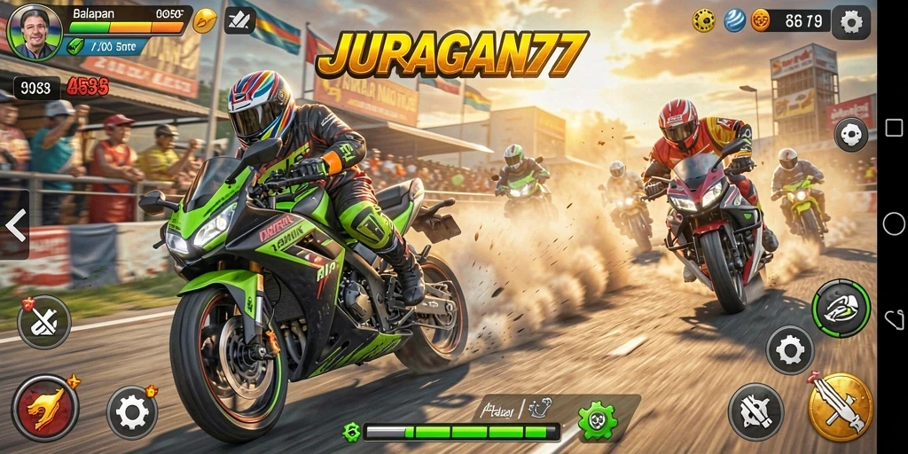 Tampilan gameplay seru dalam balapan motor di JURAGAN77.