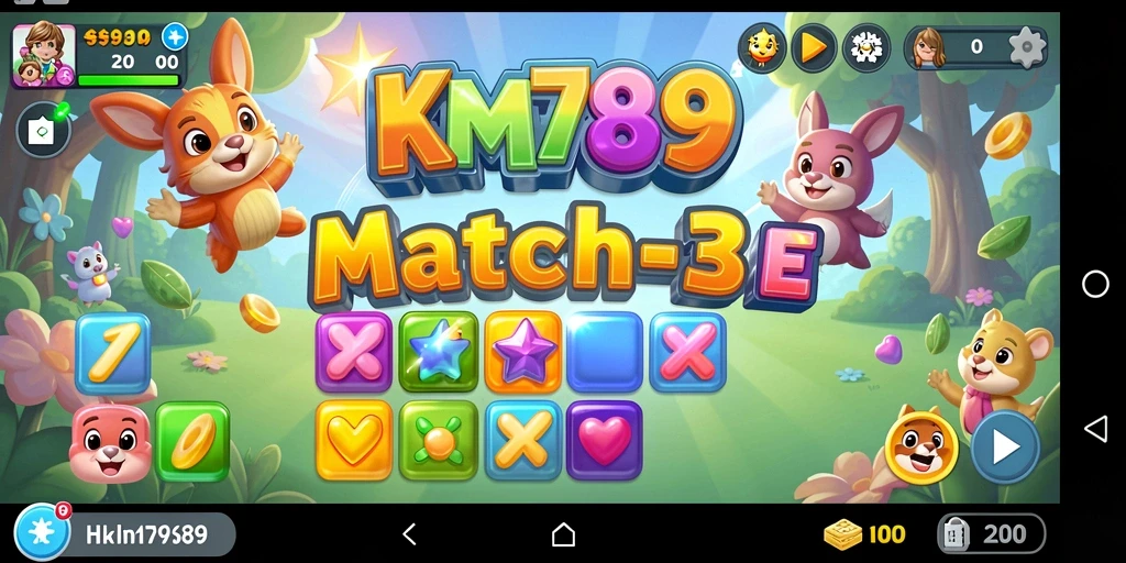 Screenshot KM789 menampilkan gameplay Match-3 yang seru dan penuh warna.