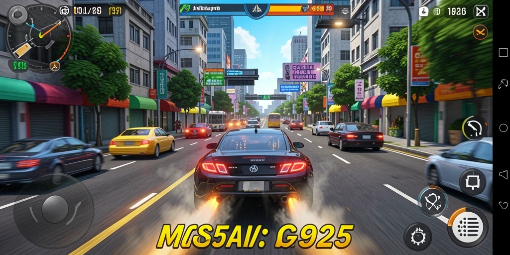 Tampilan gameplay MG525 menampilkan balapan seru dengan mobil yang cepat.