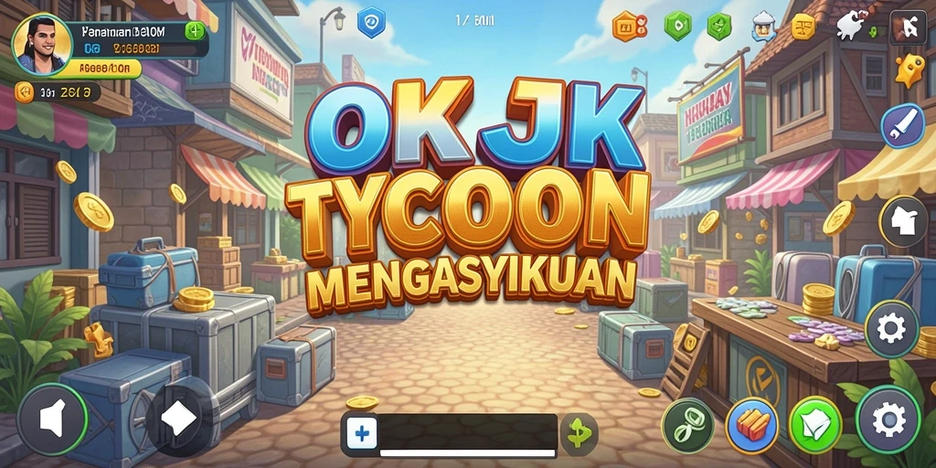 Screenshot utama OKJK menampilkan gameplay manajemen bisnis yang dinamis.