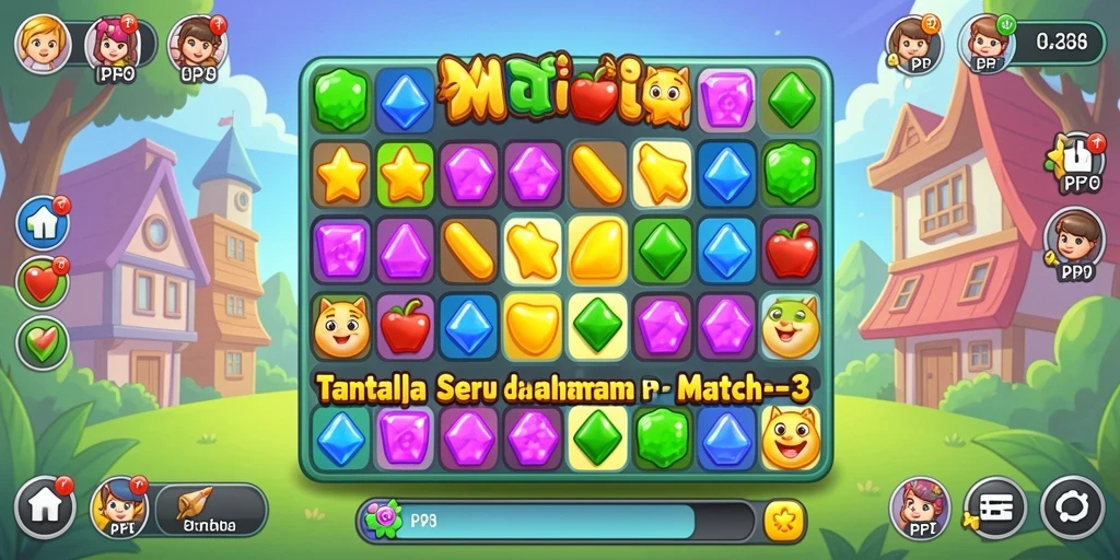 Tangkapan layar utama PP7 menampilkan gameplay menyerupai Match-3 yang seru.