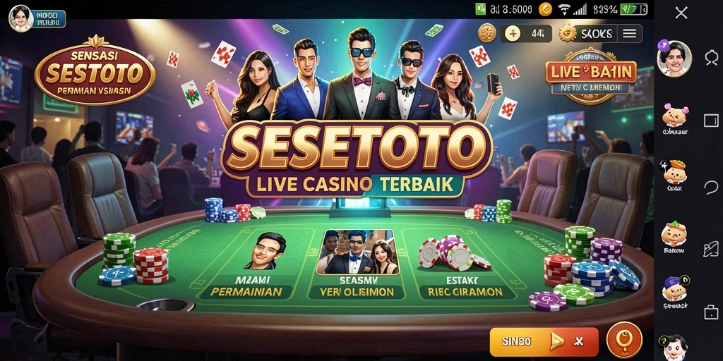 Screenshot gameplay SESETOTO menampilkan dealer langsung dan suasana kasino yang mendebarkan.